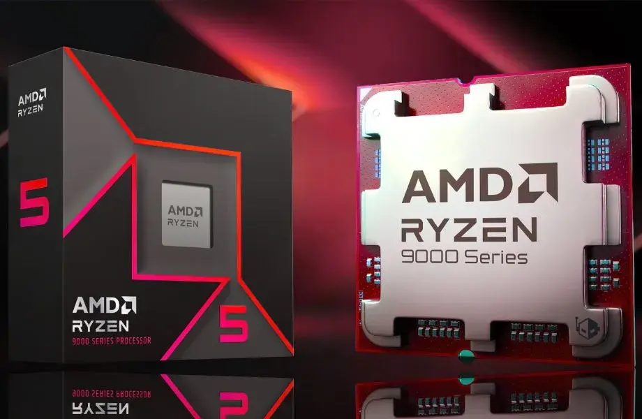 A red colored ryzen 5 9000 series processor with original box